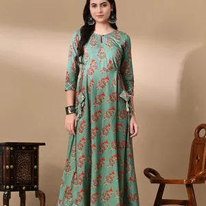Aghanya Mizuasagi Green Cotton Gown – Refreshing Grace in Soft, Natural Fabric